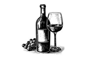 vino bottiglia e bicchiere di vino e uva. mano disegnato incisione schizzo stile vettore illustrazioni. foto