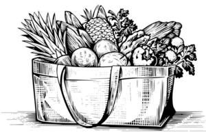 drogheria Borsa pieno di frutta e verdure incisione schizzo vettore disegnato a mano illustrazione. foto