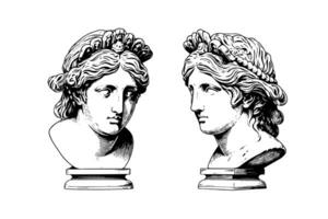 impostato di antico statua testa di greco scultura schizzo incisione stile vettore illustrazione pacchetto. foto