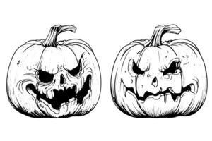 Halloween zucca testa portafortuna incisione inchiostro schizzo mano disegnato vettore illustrazione. foto