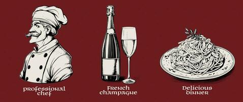 acquaforte impostato di chef, Champagne, pasta. vettore inchiostro schizzo illustrazione nel incisione stile. foto