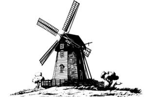 windmil nel il campo mano disegnato Vintage ▾ schizzo. incisione stile vettore illustrazione. foto