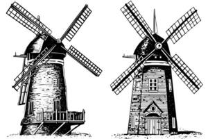 windmil nel il campo mano disegnato Vintage ▾ schizzo. incisione stile vettore illustrazione. foto