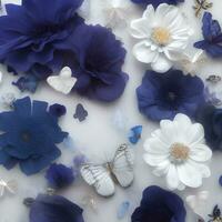 fiore illustrazione senza soluzione di continuità farfalla astratto modello. floreale casuale sfondo blu bianca colore. moderno design decorazione foto