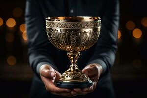 elevato trionfo oro tazza nel comprensione trofeo di realizzazione artigianale di generativo ai foto