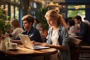 Tech migliorata studia ragazza utilizzando il computer portatile nel scuola o Università ambiente con amici generativo ai foto