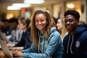 studia amici ragazza focalizzata su il computer portatile opera in mezzo amici su scuola o Università città universitaria generativo ai foto