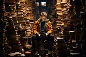 un' dell'uomo mondo travolgente Immagine di lettura in mezzo libro biblioteca, generativo ai foto