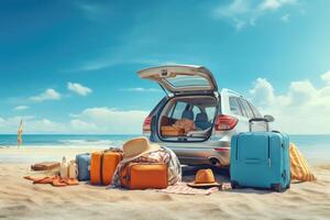 mucchio di bagaglio borse vicino il auto su il spiaggia , ai generato foto