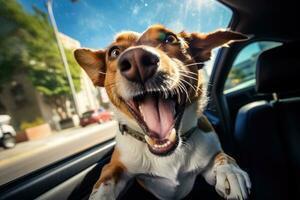 carino cane guardare su di auto finestra , ai generato foto