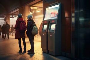 donna utilizzando ATM macchina a metropolitana stazione , ai generato foto