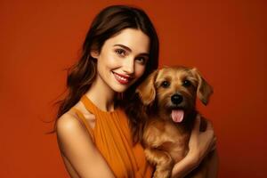 giovane adulto donna Tenere sua cane su arancia sfondo , ai generato foto