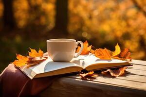 tazza di nero tè con libri e autunno le foglie , ai generato foto