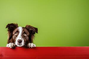 ritratto di un' carino confine collie cucciolo guardare in giro il angolo di un lime verde vuoto asse, ai generato foto