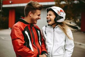 giovane freddo coppia indossare motociclo Ingranaggio e caschi, ai generato foto