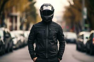 uomo indossare motociclo Ingranaggio e casco, ai generato foto