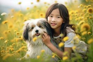 carino asiatico ragazza Tenere sua cane nel prato con fiori , ai generato foto