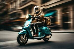 uomo equitazione un' scooter su strada, ai generato foto