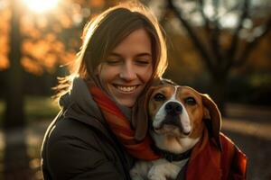 giovane adulto donna Tenere sua beagle , all'aperto autunno parco, ai generato foto