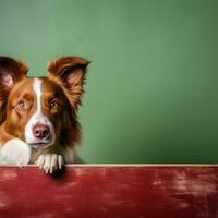 ritratto di un' carino confine collie cucciolo guardare in giro il angolo di un lime verde vuoto asse, ai generato foto