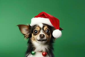 carino cane indossare Santa cappello su verde sfondo, ai generato foto