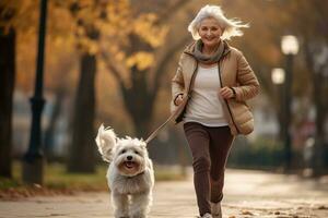 vecchio allegro donna a piedi sua cane nel il parco nel autunno giorno, ai generato foto