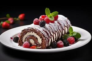 cioccolato svizzero rotolo torta rivestito con cioccolato patatine fritte su tavolo superiore, ai generato foto