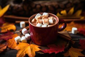 tazza di fresco caldo caffè o cacao con autunno le foglie e plaid, superiore Visualizza piatto posizione, ai generato foto