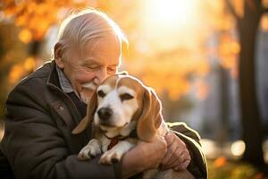 anziano uomo Tenere il suo beagle , all'aperto autunno parco, ai generato foto