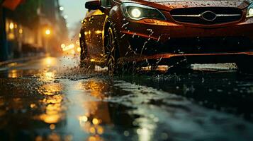 lato Visualizza di un' auto ruota su bagnato marciapiede durante pioggia a tramonto nel il città foto