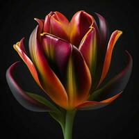 un' bellissimo tulipano su nero sfondo, superiore Visualizza, ai generativo foto