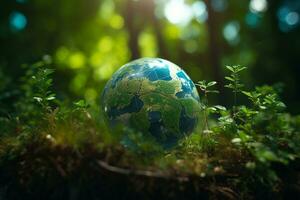 un' cristallo globo con un' albero. naturale sfondo. soleggiato luminosa illuminazione. fotorealistico illustrazione. ecologico concetto. terra giorno. ai generato illustrazione. foto