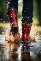 pioggia stivali spruzzi nel un' pozzanghera proteggere piedi a partire dal acqua foto