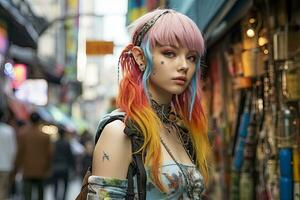 un' giovane donna viaggiatore vaga prendereshita strada nel harajuku tokio vivace centro di gioventù moda e cosplay foto