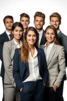 successo concetto con diverso gruppo di giovane attività commerciale persone in piedi insieme sorridente isolato su bianca sfondo foto