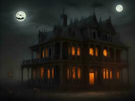 Halloween notte con spaventoso Casa, pipistrelli e zucca sfondo Immagine foto
