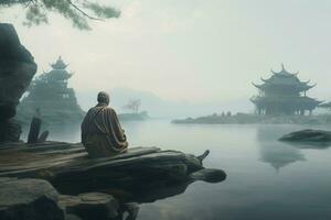monaco seduta lago. creare ai foto