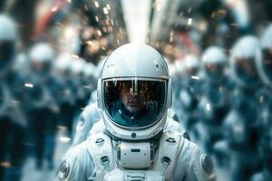 astronauta indossare spazio completo da uomo a affollato strada nel corsa ora. generativo ai foto