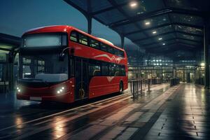 moderno autobus in arrivo a un' autobus fermare, ai generato foto