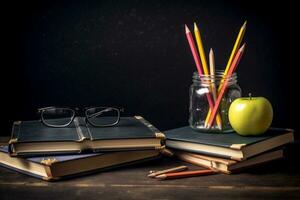 tranquillo preparativi ancora vita di scrivania con libri, occhiali, e penne - ai generato foto