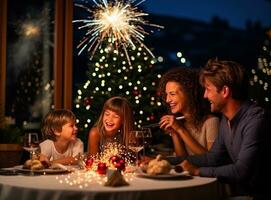 famiglia tostatura e godendo cibo con sparklers a cena foto