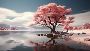 Visualizza un' ciliegia alberi su il lago illustrazione foto