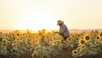 contadino l'esame girasole campo a tramonto. agricoltura e agricoltura concetto foto