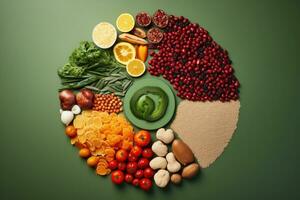 salutare cibo concetto con la verdura, frutta e spezie su verde sfondo foto