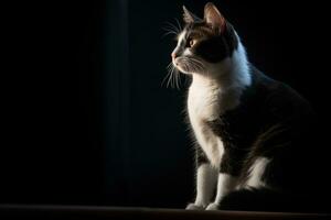 un' nero e bianca gatto seduta nel il buio generativo ai foto