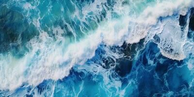 maestoso aereo Visualizza di turbolento blu acque con onde e bianca schiuma creste - ai generato foto
