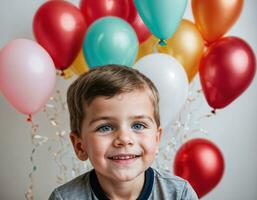 foto servizio fotografico di ragazzo con palloncini su bianca sfondo, generativo ai