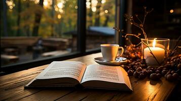 un' tazza di caffè con libro e penna su il di legno tavolo ai generato foto