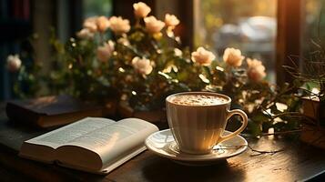 un' tazza di caffè con libro e penna su il di legno tavolo ai generato foto