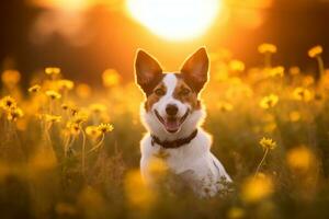 un' cane è seduta nel un' campo di fiori a tramonto generativo ai foto